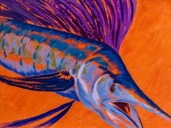 Sunset Sail (sold), Acrylic and Shell by Amy-Lauren Lum Won - Kauai fish art, Hawaii fish paintings